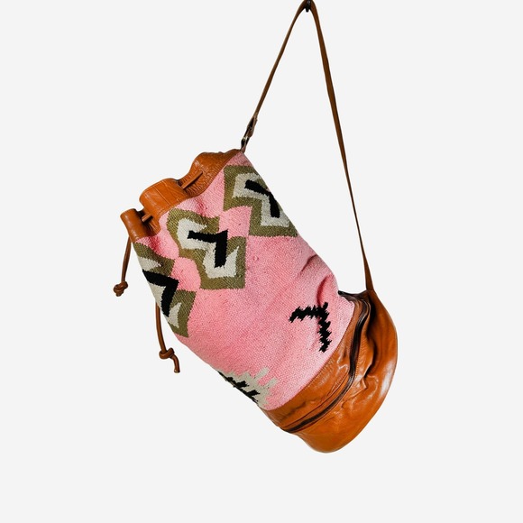 Ecote Southwestern Tapestry Leather Duffle Bucket Bag Drawstring Pink Brown - Picture 2 of 14